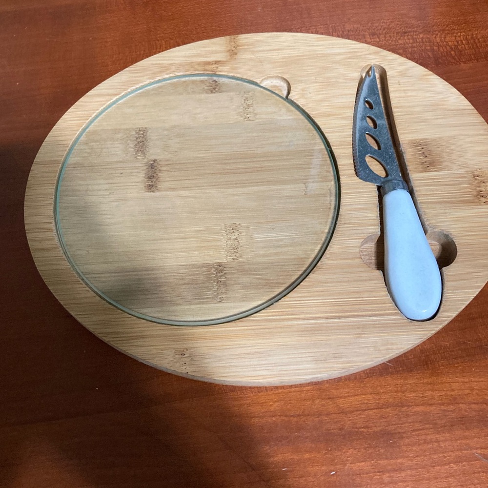 CHEESE SERVING Cutting Board Glass Plate Cheese Knife Bamboo Oval